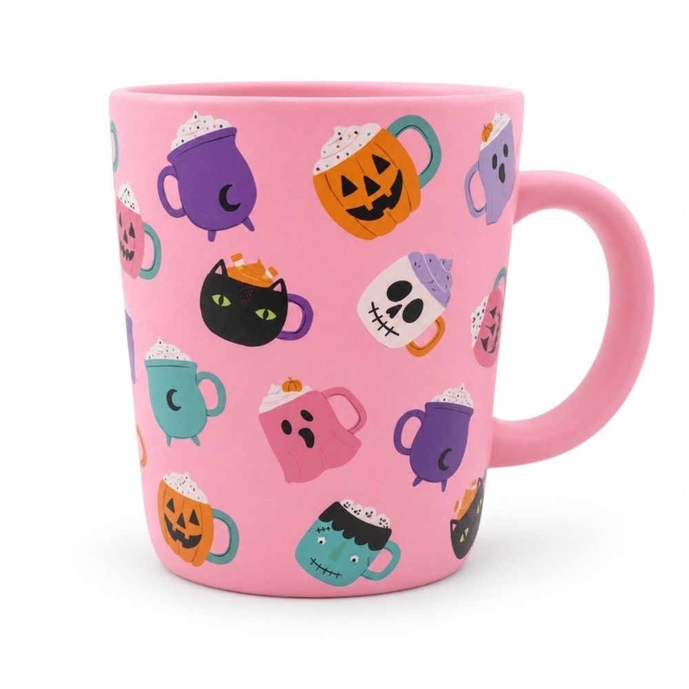 Fig & Fern Pink Halloween Mug Spooky Ghost Pumpkin Cat Skeleton Coffee Cup